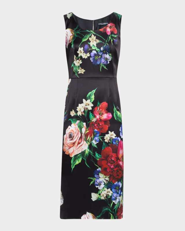 Floral Bouquet Sleeveless Midi Sheath Dress